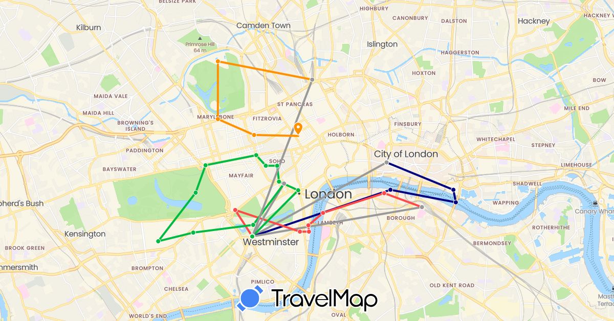 TravelMap itinerary: driving, bus, plane, hiking, hitchhiking in United Kingdom (Europe)